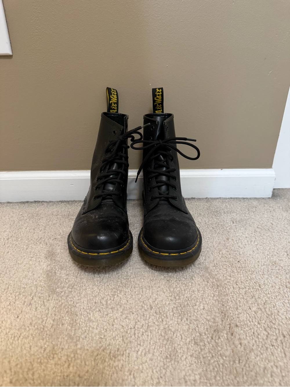 Dr. Martens Black Leather Lace-Up Boots with Yellow Stitching